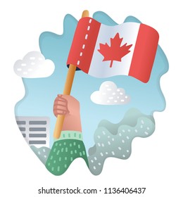 Vector flag of canada on outdoor background. Hand holding up of canada flag, Fans, patriotic concept.