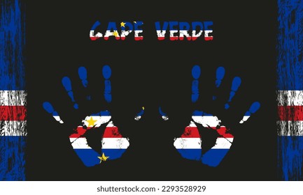 Vector flag of Cape Verde in the form of peaceful palms with text and brush strokes on a black background.