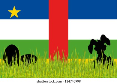 Vector Flag of Central African Republic with Easter Eggs and Easter Bunny in grass