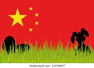 Vector Flag of China with Easter Eggs and Easter Bunny in grass
