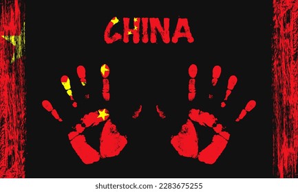 Vector flag of China in the form of peaceful palms with text and brush strokes on a black background.