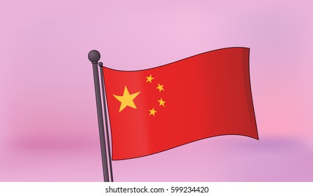 Vector flag of China on sunset sky background. Editable Illustration