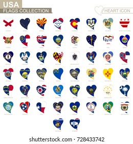 Vector flag collection of USA States. Heart icon set.