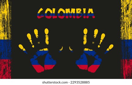 Bandera vectorial de Colombia en forma de palmas pacíficas con trazos de texto y pincel sobre un fondo negro.