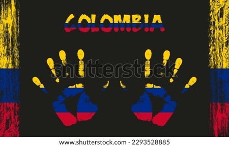 Vector flag of Colombia in the form of peaceful palms with text and brush strokes on a black background.