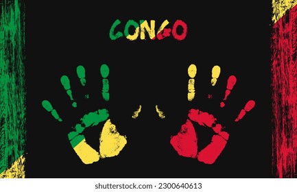 Drapeau vectoriel du Congo sous forme de palmiers pacifiques avec texte et coups de pinceau sur fond noir.