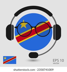 Vector flag of Congo with headphones and glasses, vector illustration. 