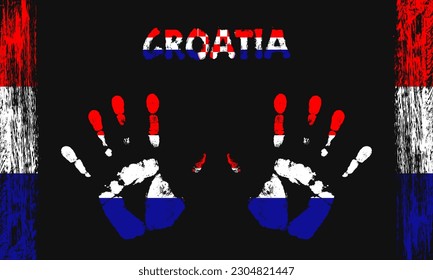 Drapeau vectoriel de Croatie sous forme de palmiers pacifiques avec texte et coups de pinceau sur fond noir.