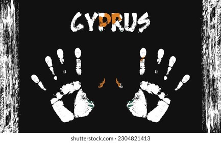 Drapeau vectoriel de Chypre sous forme de palmiers pacifiques avec texte et coups de pinceau sur fond noir.