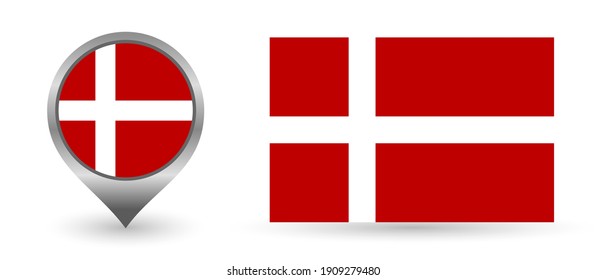 Vector flag Denmark. Location point with flag Denmark inside. Color symbol isolated on white background.