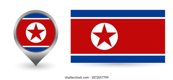Vector flag DPRK. Location point with flag North Korea inside. Color symbol isolated on white background. 
