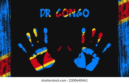 Vector flag of DR Congo in the form of peaceful palms with text and brush strokes on a black background.