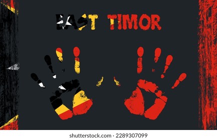 Vector flag of East Timor in the form of peaceful palms with text and brush strokes on a black background.