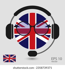 Vector flag of England with headphones and glasses, vector illustration. 