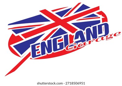 Vector flag of England, and text ENGGLAND GARAGE, design for automotive.
