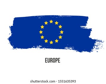 Vector Flag of Europe. Twelve yellow stars on a blue background. European Union Symbol. Brush strokes drawn by hand