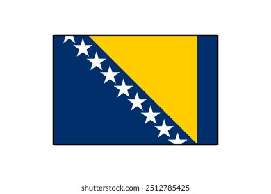 A bandeira vetorial apresenta um campo azul com um triângulo amarelo e estrelas brancas ao longo da diagonal. Este desenho simboliza a herança e unidade do país em uma representação artística moderna.