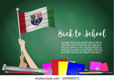 Vector flag of federation of Bosnia and Herzegovina on Black chalkboard background. Education Background with Hands Holding Up of flag. Back to school with pencils, books, school items learning