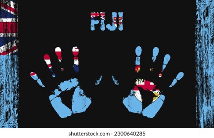 Vector flag of Fiji in the form of peaceful palms with text and brush strokes on a black background.