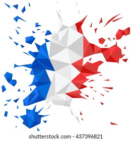Vector flag of France in the form of blots or blots or spots. Volumetric color of the flag of France in the Low Poly polygon style with triangles