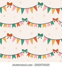 Vector flag garland and bows seamless pattern. Festive repeat background with decorative elements for celebrating the new year, Christmas, birthday and other holiday.  