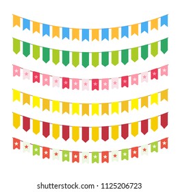 Vector flag garlands for invitation card design, carnival bright cordage and child adornments isolated on white background. Different colorful bunting.