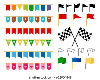 Vector Flag Garlands And Start And Finish Flags For Invitation Card Design, Carnival Bright Cordage And Child Adornments Isolated On White Background