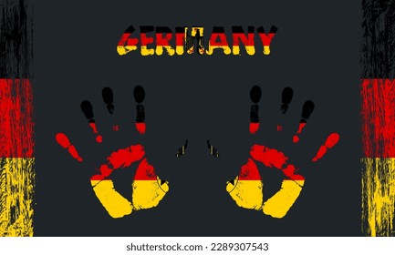 Vector flag of Germany in the form of peaceful palms with text and brush strokes on a black background.
