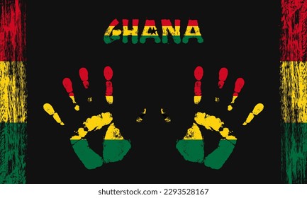 Vector flag of Ghana in the form of peaceful palms with text and brush strokes on a black background.