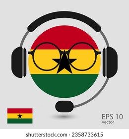 Vector flag of Ghana with headphones and glasses, vector illustration. 