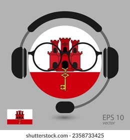 Vector flag of Gibraltar with headphones and glasses, vector illustration. 