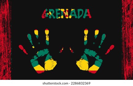 Vector flag of Grenada in the form of peaceful palms with text and brush strokes on a black background.