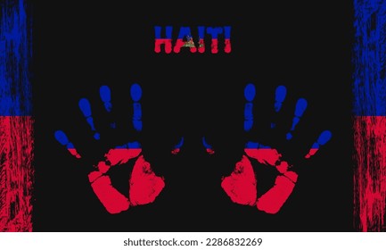 Vector flag of Haiti Islands in the form of peaceful palms with text and brush strokes on a black background.