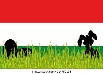 Vector Flag of Hungary with Easter Eggs and Easter Bunny in grass