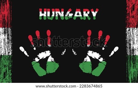 Vector flag of Hungary in the form of peaceful palms with text and brush strokes on a black background.