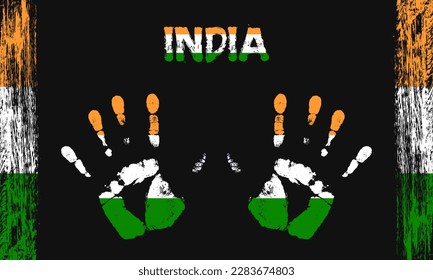 Vector flag of India in the form of peaceful palms with text and brush strokes on a black background.