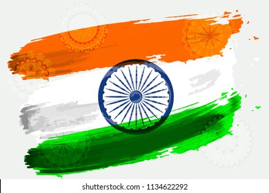 Vector flag of India in mandalas in the style of watercolor paints with a picture. Illustration for Independence Day of India August 15