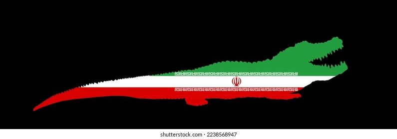 Bandera vectorial de Irán sobre la ilustración nacional de silueta animal cocodrilo aislada en el fondo negro. Símbolo nacional del país de Medio Oriente. Bandera iraní. Sello emblema. Banner de Patriotic Iran.
