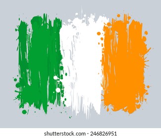 Vector flag of Ireland. EU country. Graffiti in grange style with brush strokes and paint splashes. 