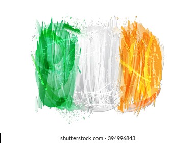 Vector flag of Ireland made with colorful splashes. Paint smears, grunge texture. Isolated design element.