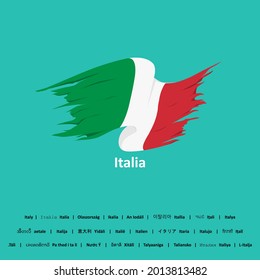 Vector flag of Italy with turquoise color background. Comes with "Italy" word translations in Italian and the other languages