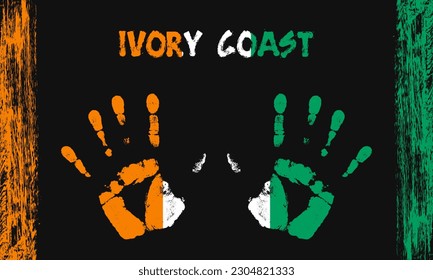 Drapeau vectoriel de Côte d'Ivoire sous forme de coiffures pacifiques avec texte et coups de pinceau sur fond noir.