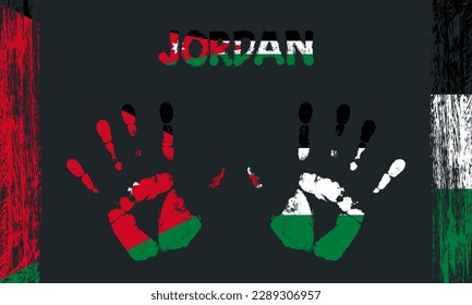 Vector flag of Jordan in the form of peaceful palms with text and brush strokes on a black background.