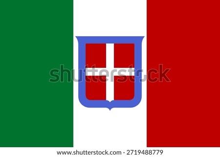 Vector flag of the Kingdom of Italy (1861-1946) and Kingdom of Sardinia. Features the Italian tricolor with the House of Savoy coat of arms and crown. Historic symbol of Italian unification