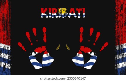 Drapeau vectoriel de Kiribati sous forme de palmiers pacifiques avec texte et coups de pinceau sur fond noir.