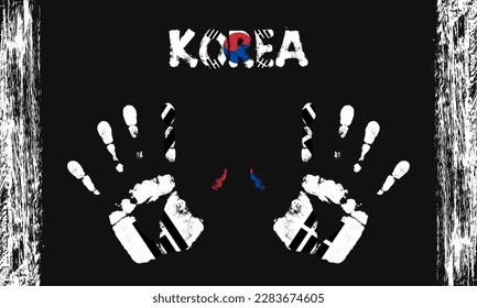 Vector flag of Korea in the form of peaceful palms with text and brush strokes on a black background.
