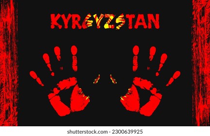 Vector flag of Kyrgyzstan in the form of peaceful palms with text and brush strokes on a black background.