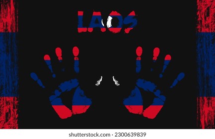 Bandera vector de Laos en forma de palmas pacíficas con trazos de texto y pincel sobre un fondo negro.