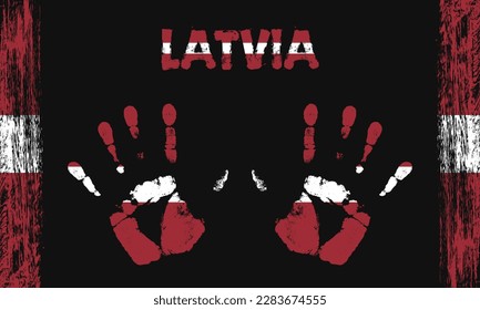 Vector flag of Latvia in the form of peaceful palms with text and brush strokes on a black background.