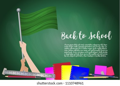 Vector flag of Libya on Black chalkboard background. Education Background with Hands Holding Up of Libya flag. Back to school with pencils, books, school items learning and childhood concept.
